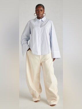 KBB by Kahlana Poplin Shirt, White/Blue Stripe, Extra Wide Cuff, Sz 1X NWT